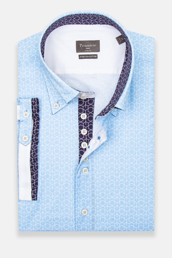 Roma Iconic Poplin Stretch Man Shirt Short Sleeve Light Blue White