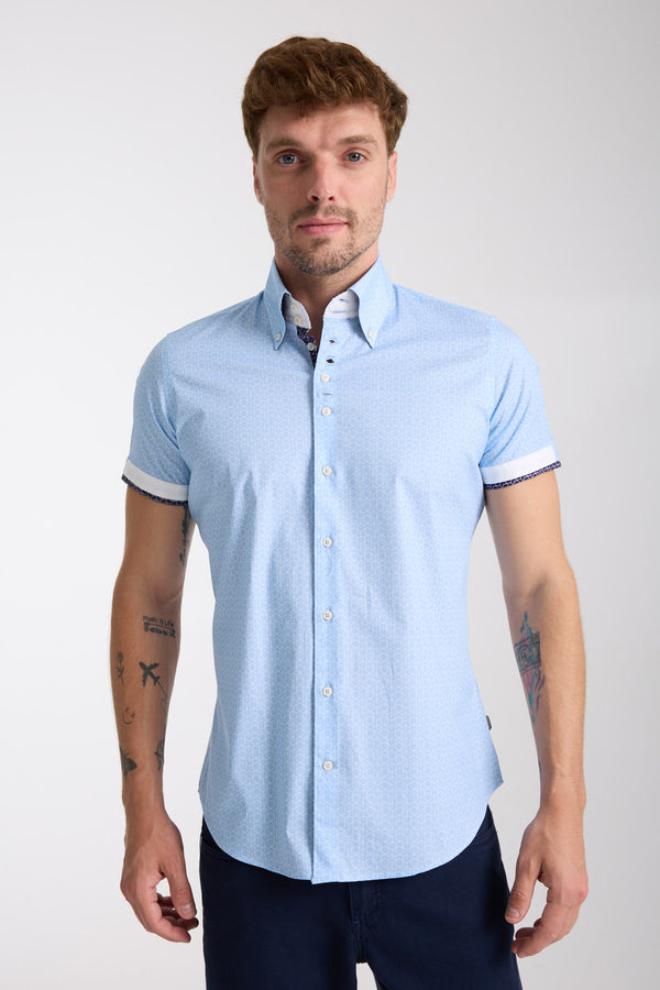 Roma Iconic Poplin Stretch Man Shirt Short Sleeve Light Blue White