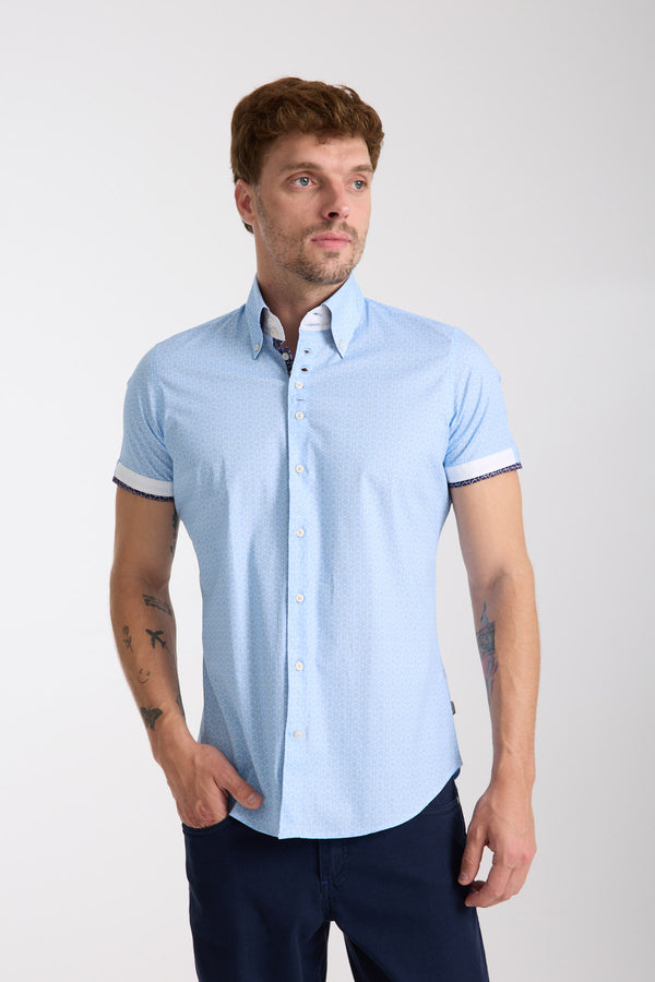 Roma Iconic Poplin Stretch Man Shirt Short Sleeve Light Blue White