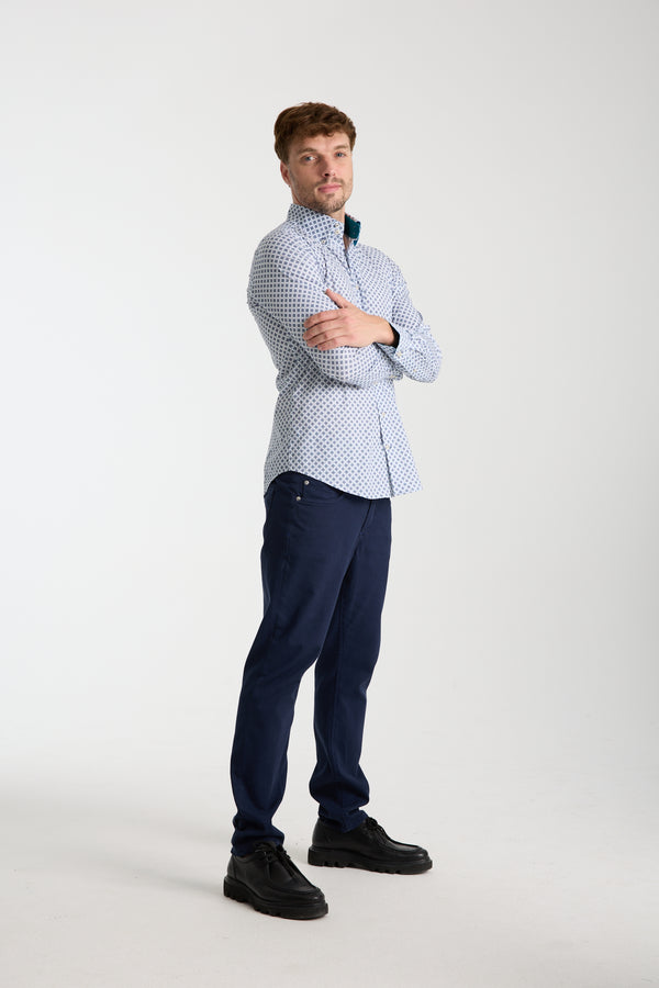 Camisa Hombre Roma Sport Popelin Stretch Blanco Azul Claro