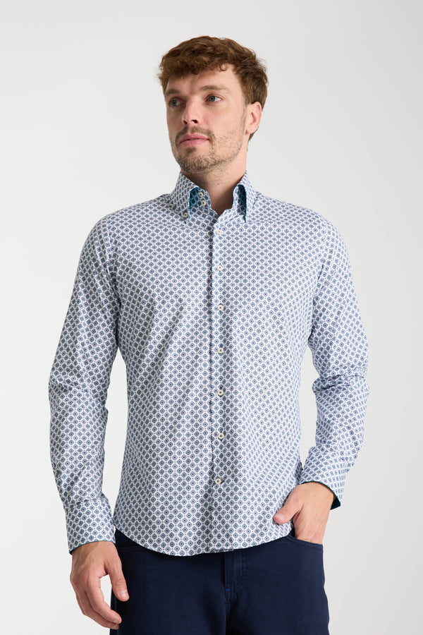 Camisa Hombre Roma Sport Popelin Stretch Blanco Azul Claro