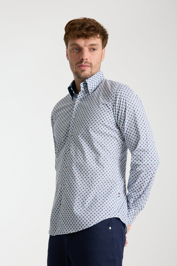 Camisa Hombre Roma Sport Popelin Stretch Blanco Azul Claro
