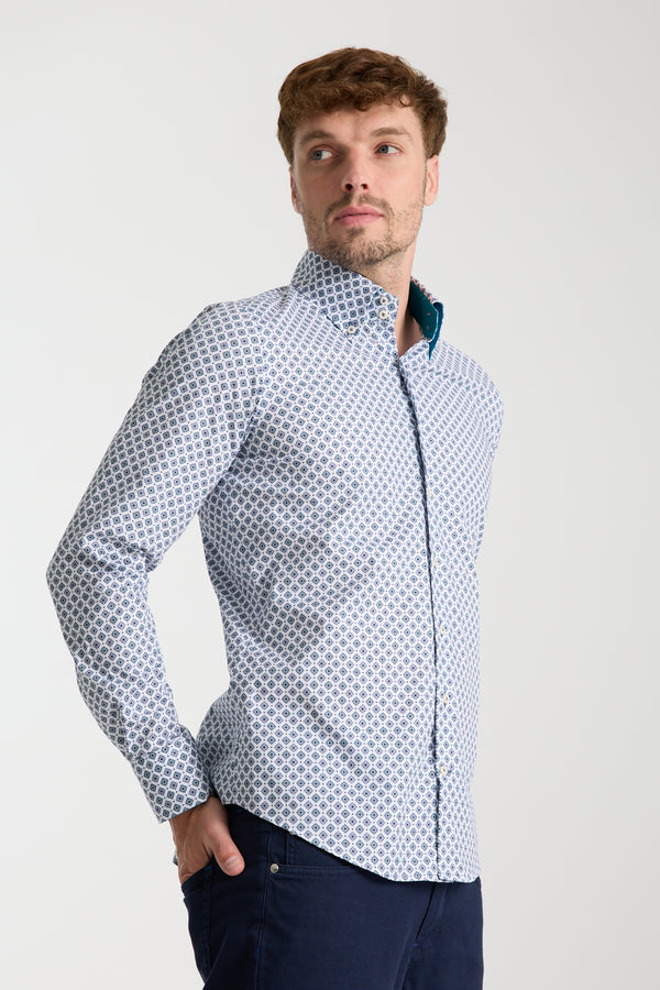 Camisa Hombre Roma Sport Popelin Stretch Blanco Azul Claro