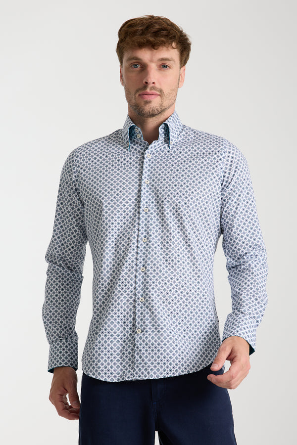 Camisa Hombre Roma Sport Popelin Stretch Blanco Azul Claro