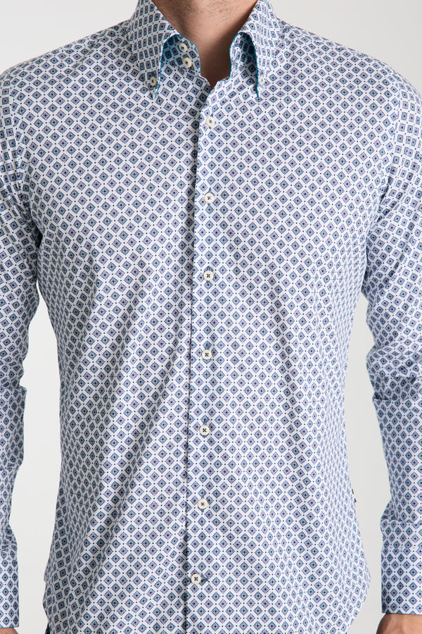 Camisa Hombre Roma Sport Popelin Stretch Blanco Azul Claro