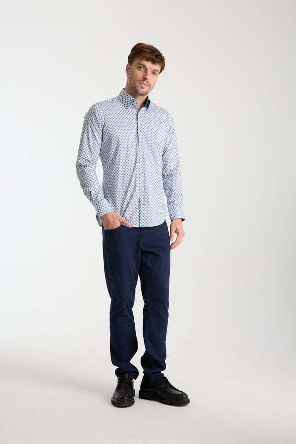 Camisa Hombre Roma Sport Popelin Stretch Blanco Azul Claro