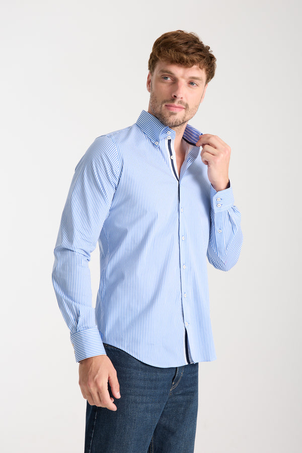 Roma Iconic Herren Hemd Poplin Stretch Weiss Blau