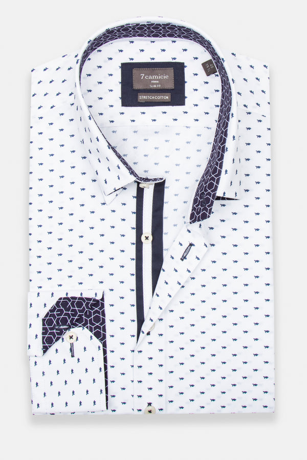 Chemise Homme Roma Iconic Popelin Stretch Blanc Bleu