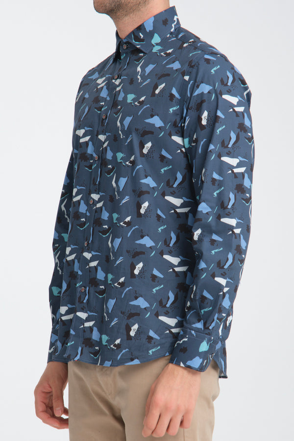 Chemise Homme Sport Popelin Stretch Bleu Gris