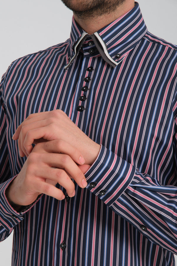 Vesuvio Iconic Poplin Stretch Man Shirt Blue Pink