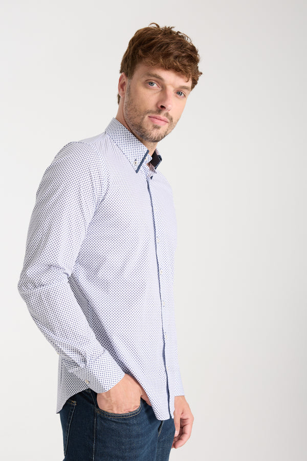 Chemise Homme Sport Popelin Stretch Blanc Bleu