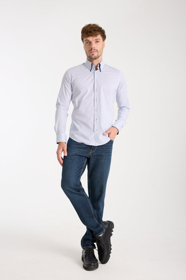 Chemise Homme Sport Popelin Stretch Blanc Bleu