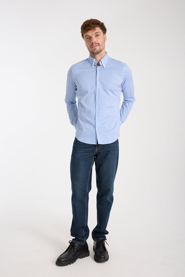 Camicia Uomo Sport Popelin Stretch Bianco Blu