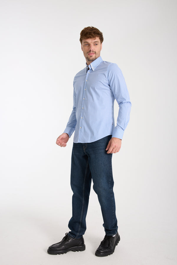 Camicia Uomo Sport Popelin Stretch Bianco Blu