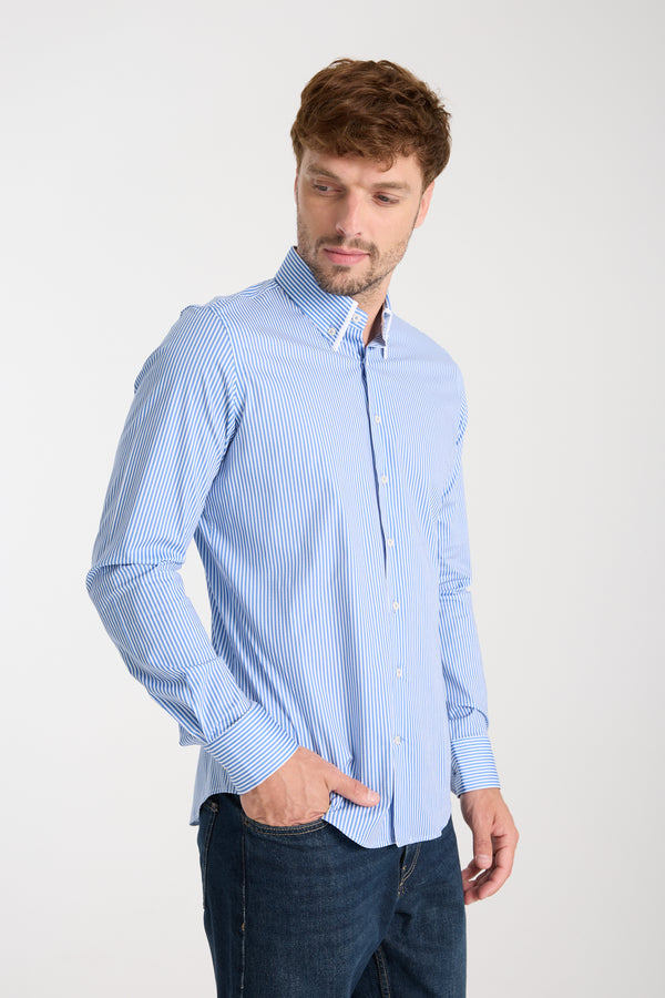 Camicia Uomo Sport Popelin Stretch Bianco Blu
