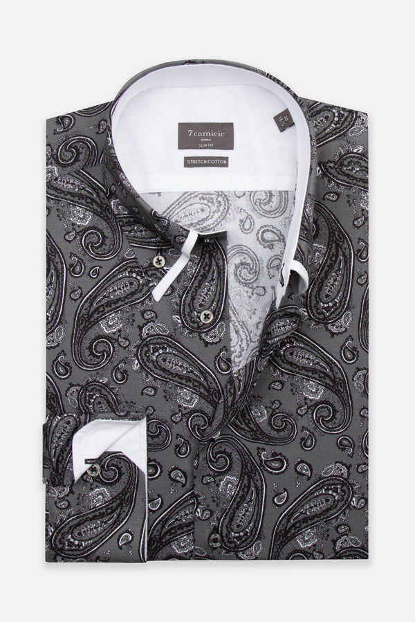 Camicia Uomo Sport Popelin Stretch Grigio Nero