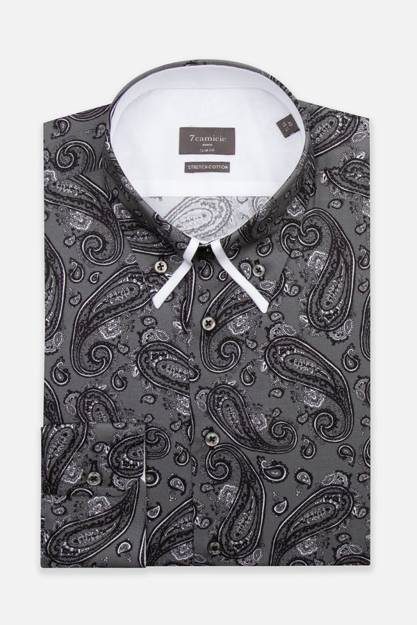 Camicia Uomo Sport Popelin Stretch Grigio Nero