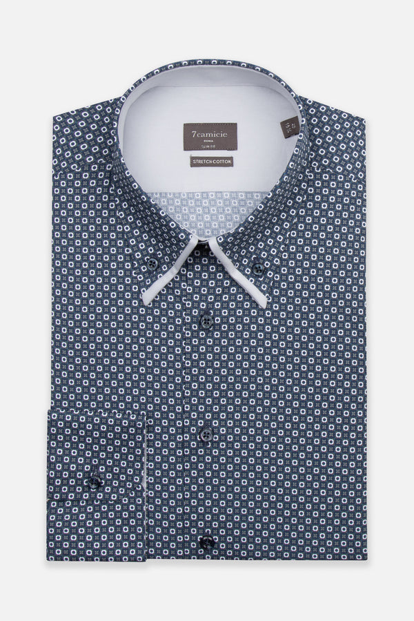 Camicia Uomo Sport Popelin Stretch Blu Bianco