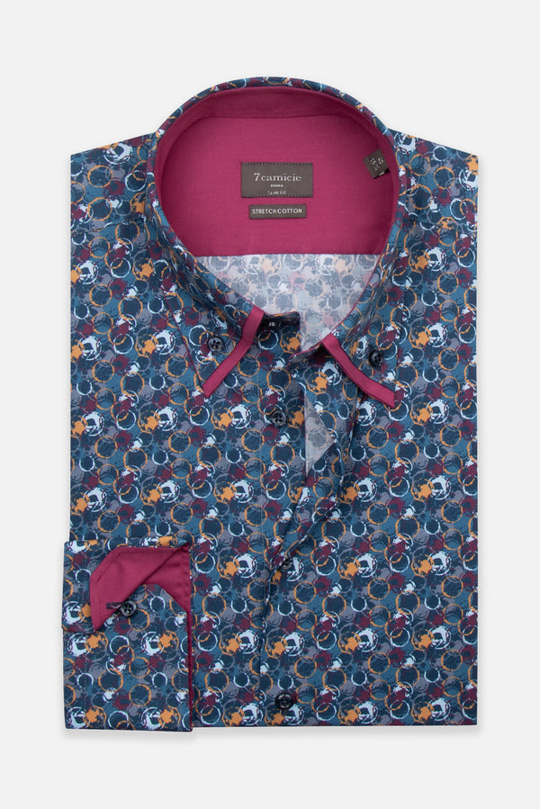 Camicia Uomo Sport Popelin Stretch Blu Giallo
