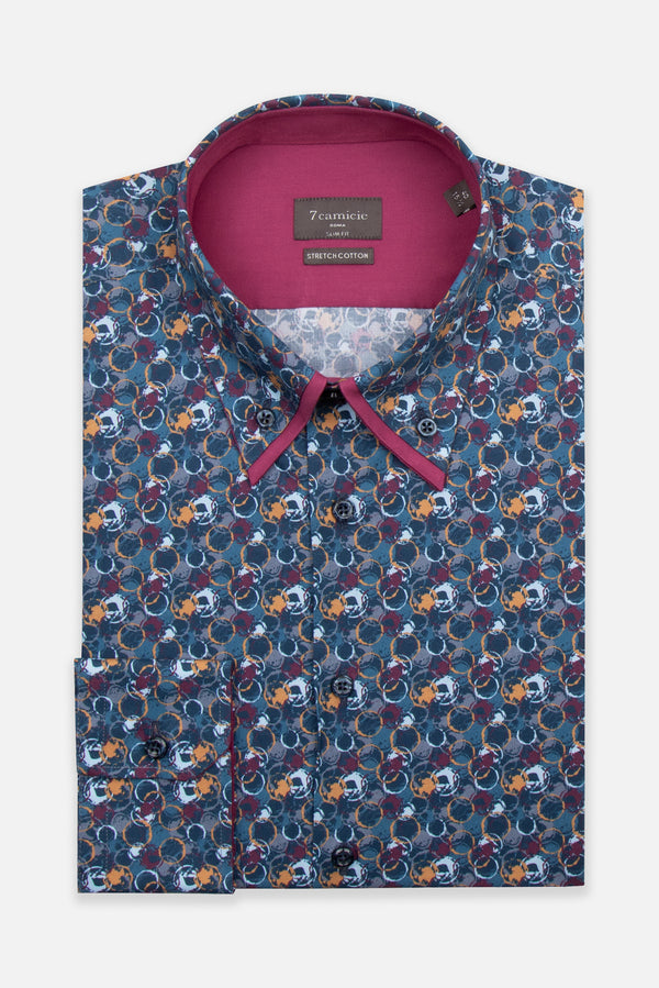 Camicia Uomo Sport Popelin Stretch Blu Giallo