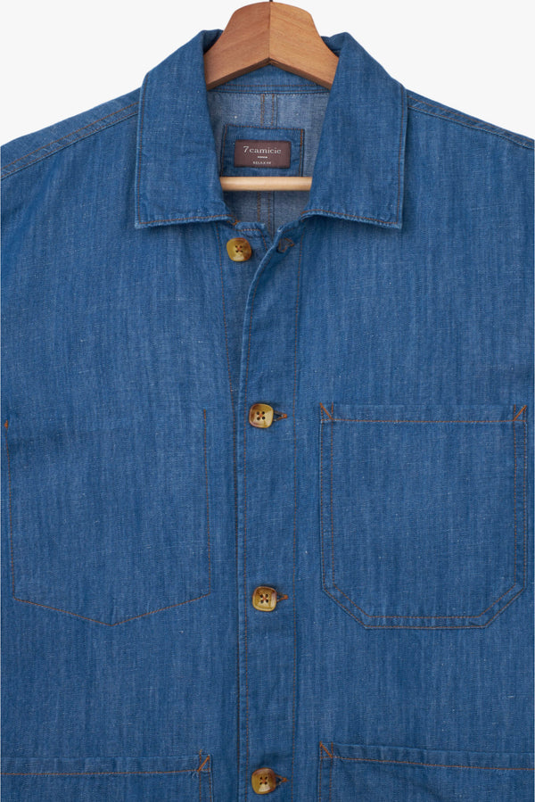 Sobrecamisa Hombre Sport de Lino Azul con Bolsillos