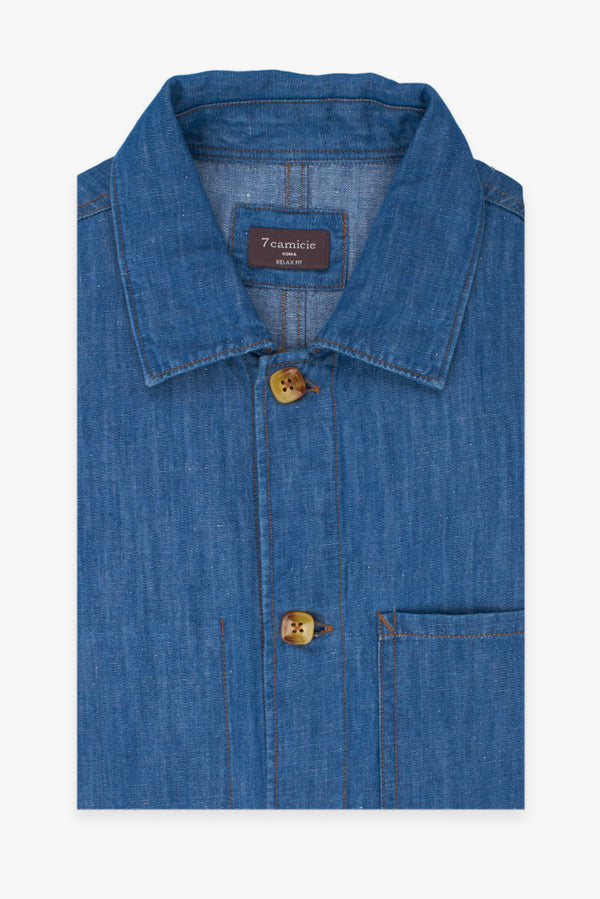 Sobrecamisa Hombre Sport de Lino Azul con Bolsillos