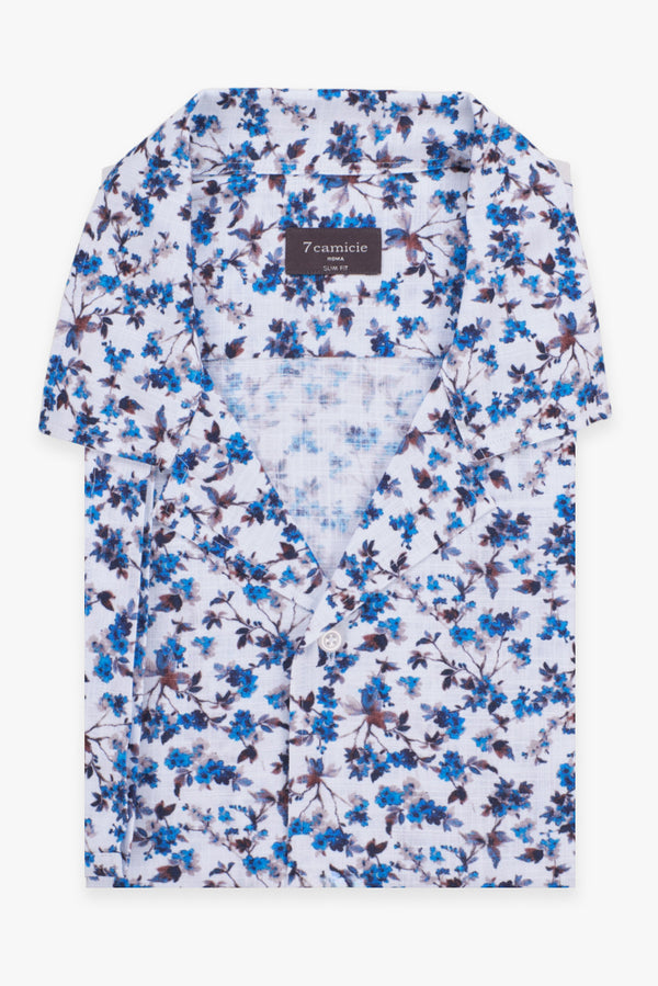 Hawaii Sport Cotton Man Shirt Short Sleeve White Blue