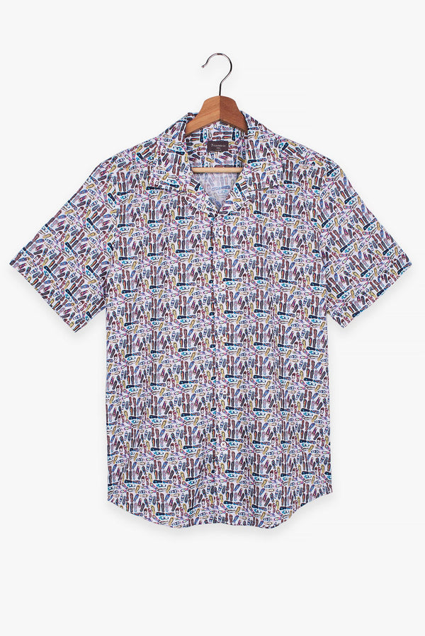 Camisa Hombre Manga corta Hawaii Sport Algodon Blanco Azul