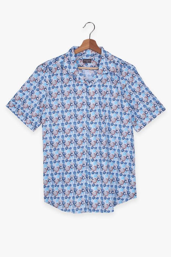 Camicia Uomo Manica Corta Hawaii Sport Lino Beige Blu