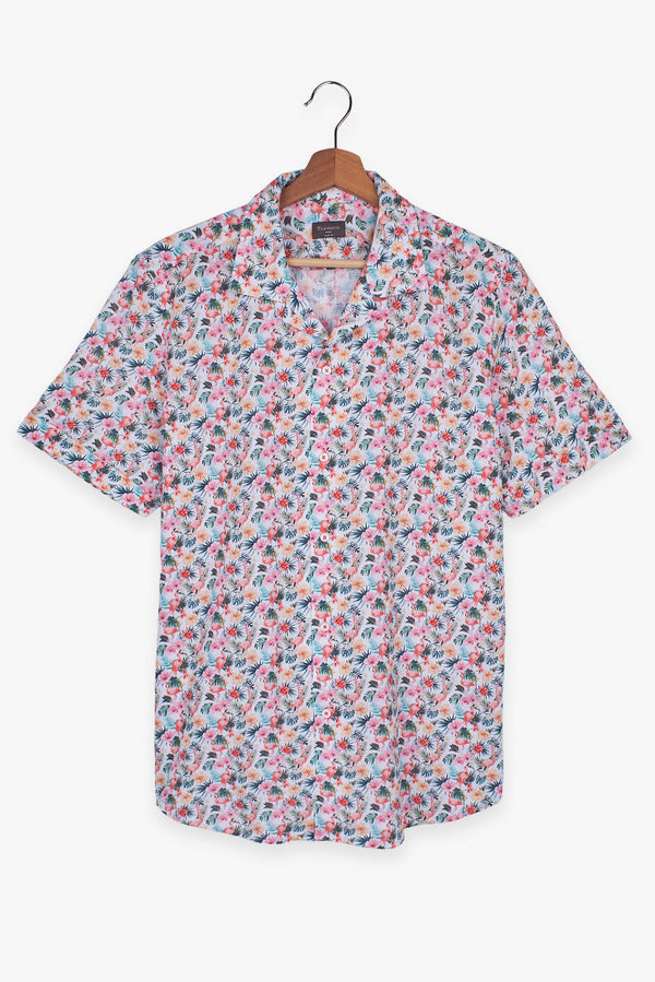 Camisa Hombre Manga corta Hawaii Sport Lino Blanco Rosa