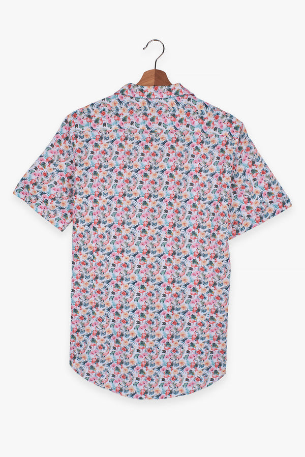 Camisa Hombre Manga corta Hawaii Sport Lino Blanco Rosa
