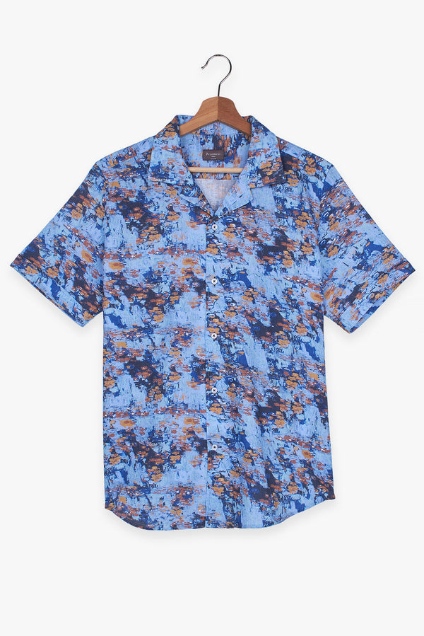 Camicia Uomo Manica Corta Hawaii Sport Lino Blu Celeste