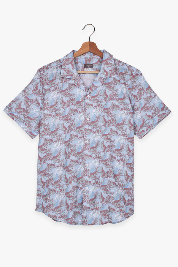 Camicia Uomo Manica Corta Hawaii Sport Lino Celeste Marrone