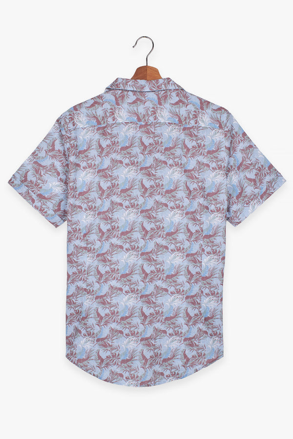 Camicia Uomo Manica Corta Hawaii Sport Lino Celeste Marrone