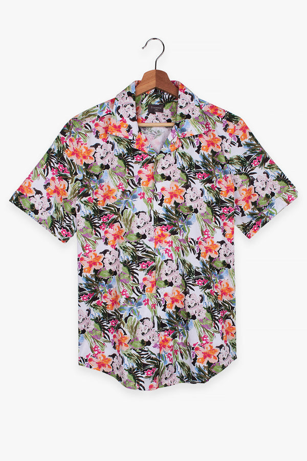 Camicia Uomo Manica Corta Hawaii Sport Popelin Verde Rosa