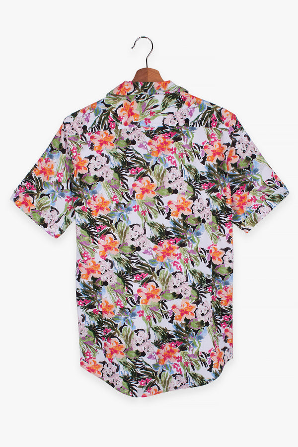 Camicia Uomo Manica Corta Hawaii Sport Popelin Verde Rosa