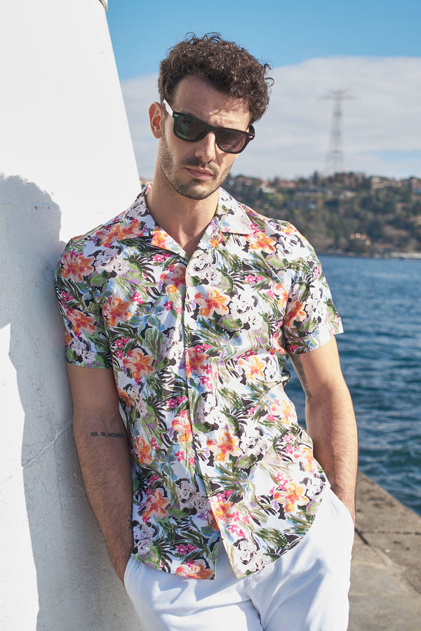 Camicia Uomo Manica Corta Hawaii Sport Popelin Verde Rosa