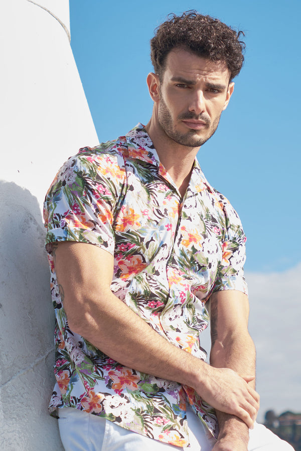 Camicia Uomo Manica Corta Hawaii Sport Popelin Verde Rosa