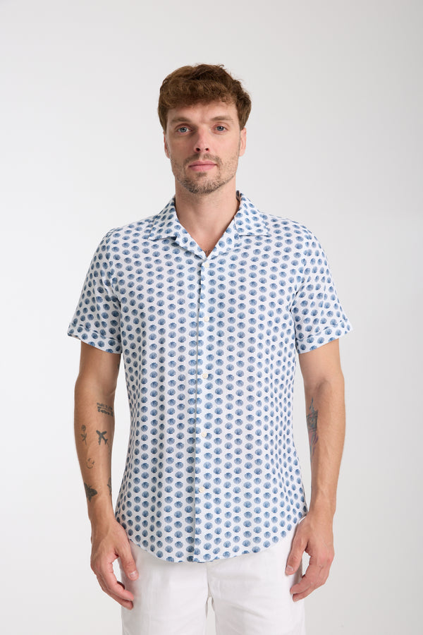 Chemise Homme Manche Courte Hawaii Sport Lin Blanc Bleu