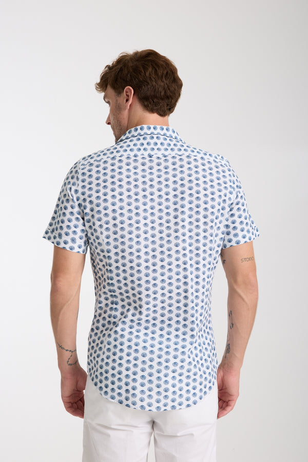 Chemise Homme Manche Courte Hawaii Sport Lin Blanc Bleu