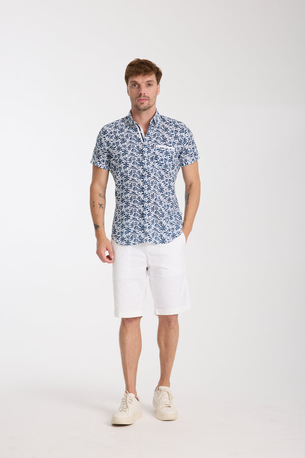 Chemise Homme Manche Courte Hawaii Sport Lin Blanc Bleu