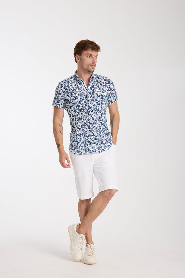 Chemise Homme Manche Courte Hawaii Sport Lin Blanc Bleu