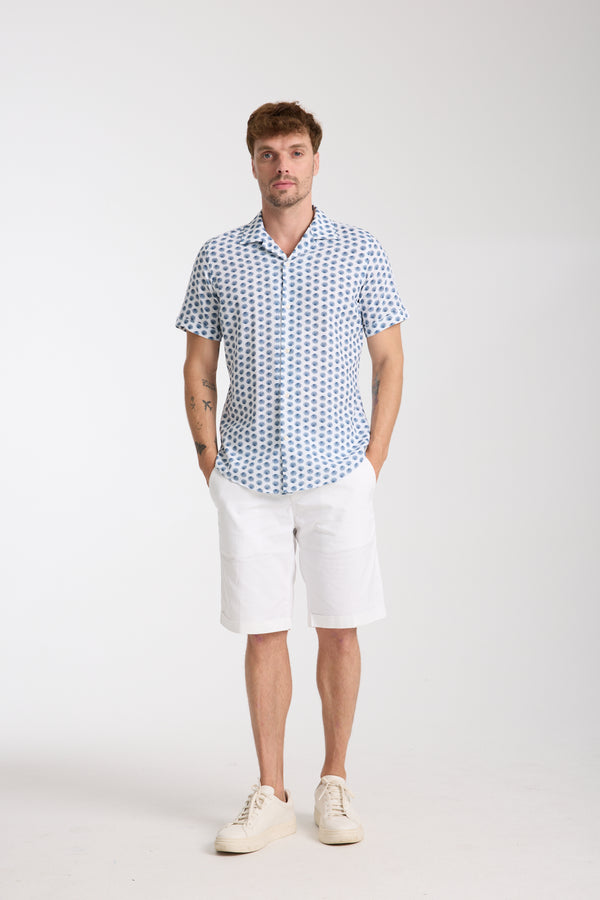 Chemise Homme Manche Courte Hawaii Sport Lin Blanc Bleu