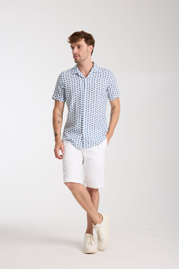 Chemise Homme Manche Courte Hawaii Sport Lin Blanc Bleu