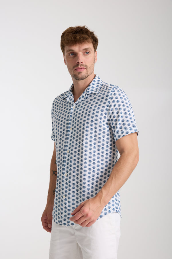 Chemise Homme Manche Courte Hawaii Sport Lin Blanc Bleu
