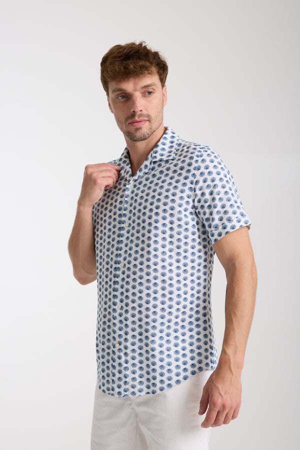 Chemise Homme Manche Courte Hawaii Sport Lin Blanc Bleu