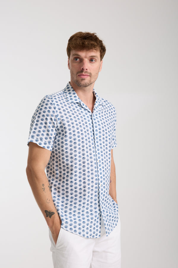 Chemise Homme Manche Courte Hawaii Sport Lin Blanc Bleu