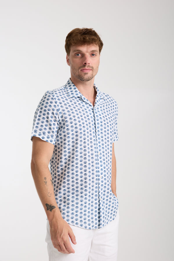 Chemise Homme Manche Courte Hawaii Sport Lin Blanc Bleu