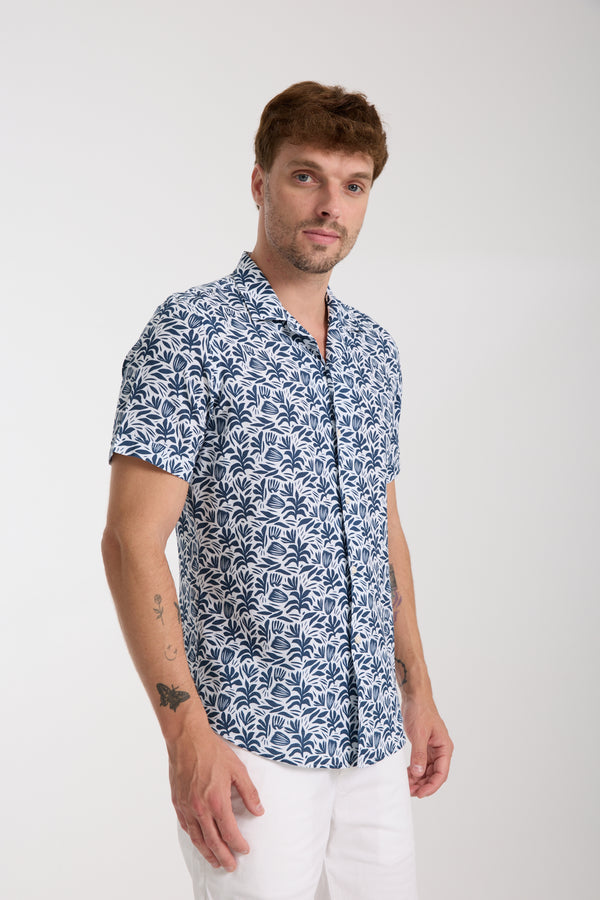 Chemise Homme Manche Courte Hawaii Sport Lin Blanc Bleu