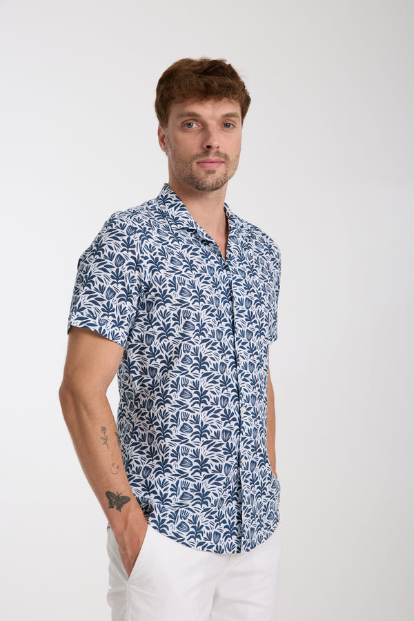 Chemise Homme Manche Courte Hawaii Sport Lin Blanc Bleu
